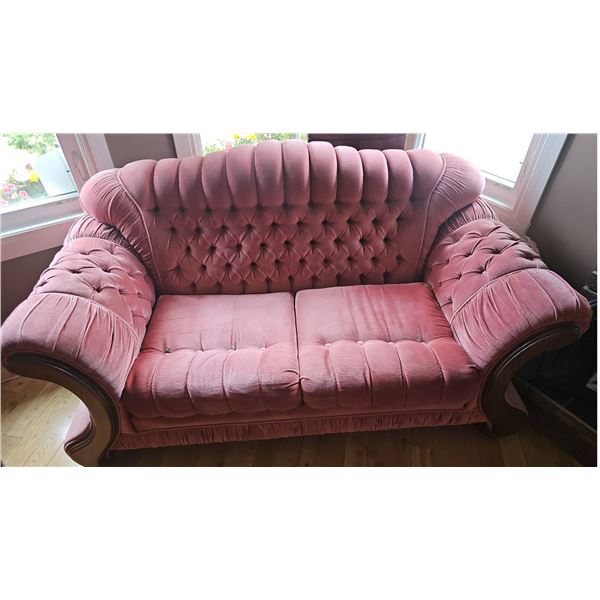 Pink Velvet Tufted Loveseat with Wood Trim