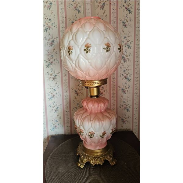 Pink Glass Hurricane Lamp with Floral Design