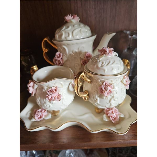 Porcelain Tea Set with Pink Rose Accents