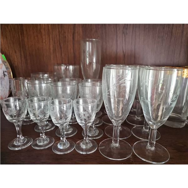 Set of Etched and Plain Stemware