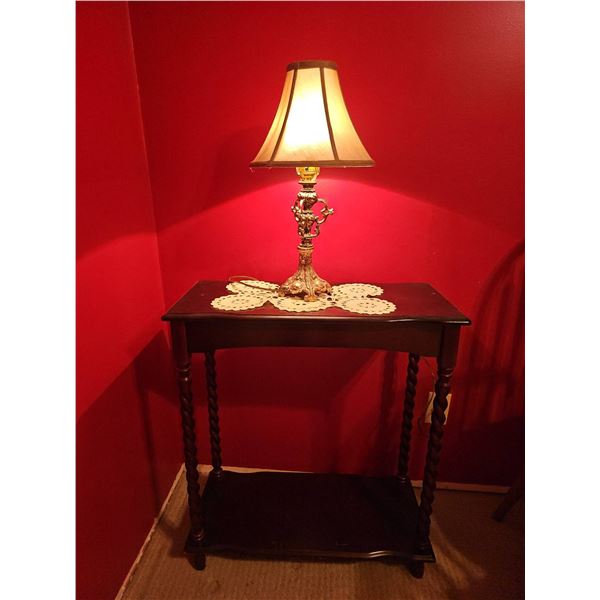 Ornate Table Lamp with Shade and Wood Side-By