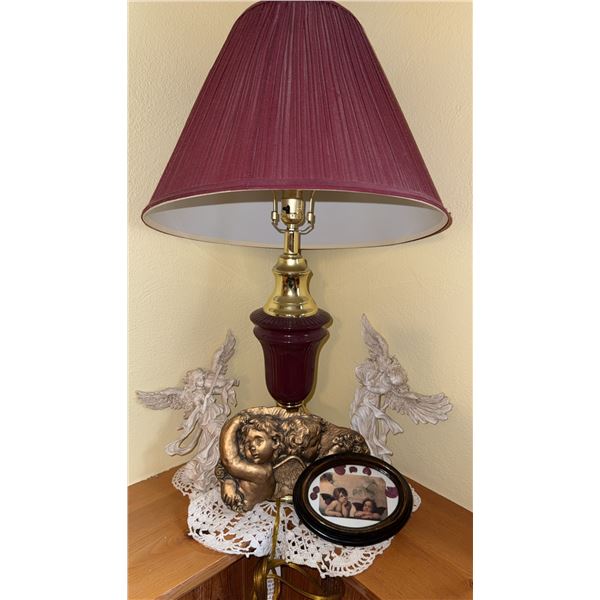 Maroon Table Lamp with Angels Decor