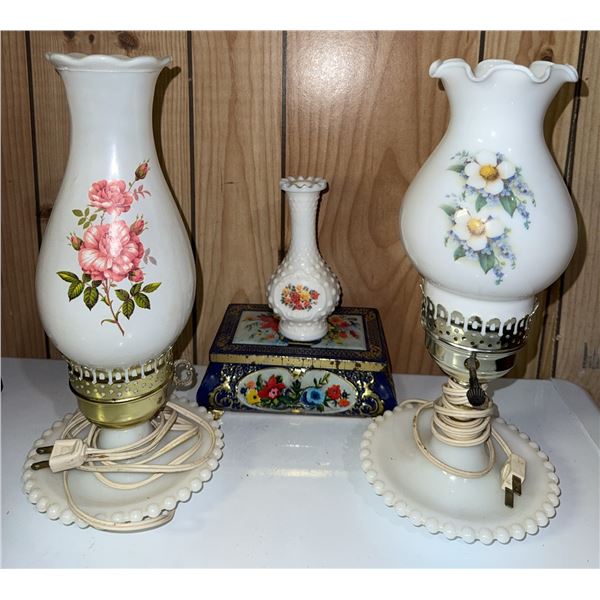 Milk Glass Floral Lamps and Hobnail Vase Set