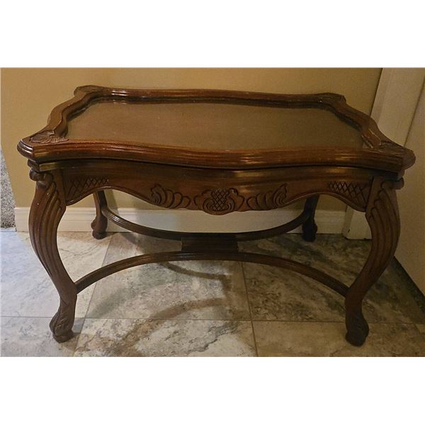 Carved Wood Coffee Table With Glass Top