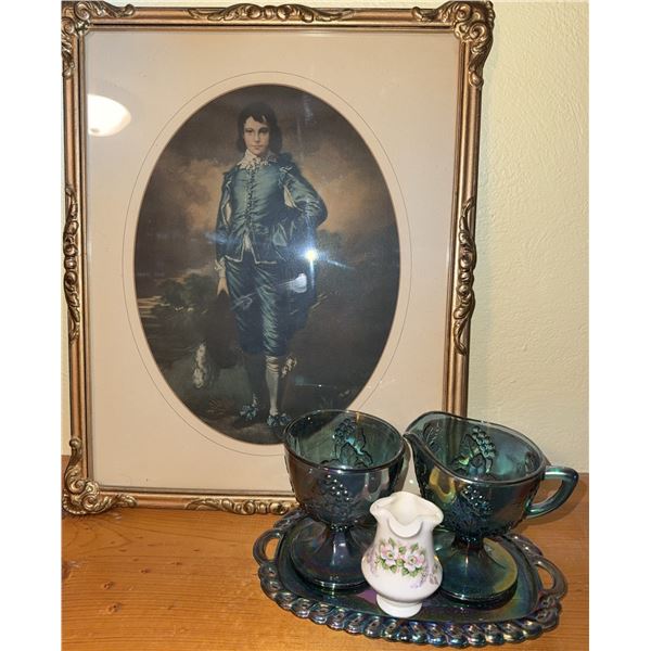 Framed Blue Boy Print and Iridescent Glass