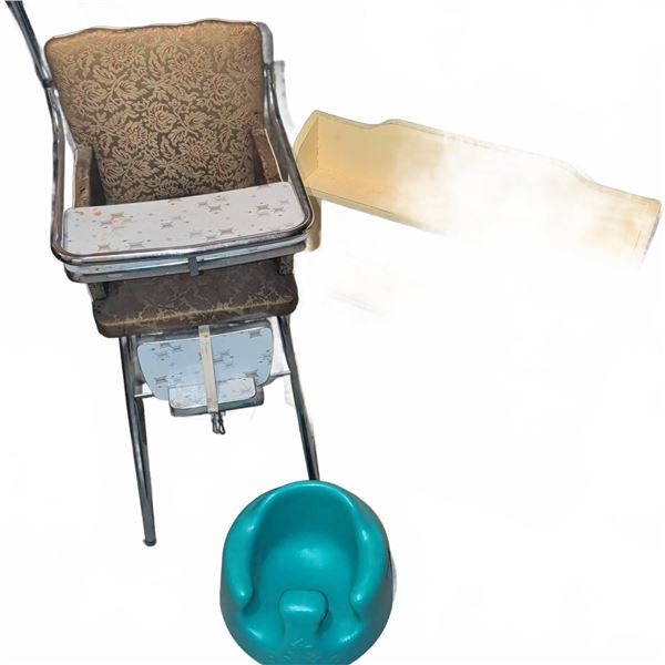 Child's High Chair, Bumbo Seat, and Wall Rack