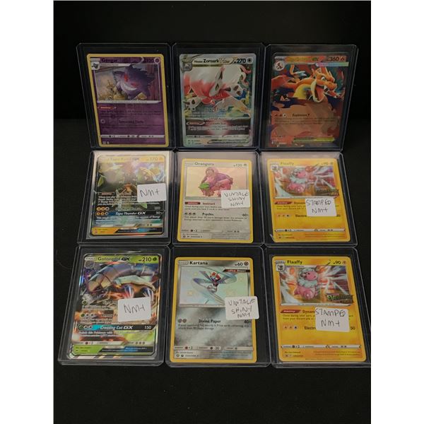 LOT OF 9 POKEMON TCG TRADING CARDS IN INDIVIDUAL SLEEVES - SEVERAL STAMPED NM+