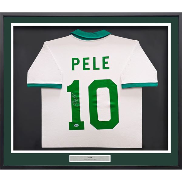 PELE SIGNED AND FRAMED NEW YORK COSMOS SOCCER JERSEY - BECKETT COA