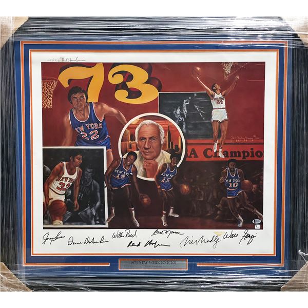 1973 New York Knicks Autographed Framed 24x30 Lithograph signed by 7 (Beckett coa)