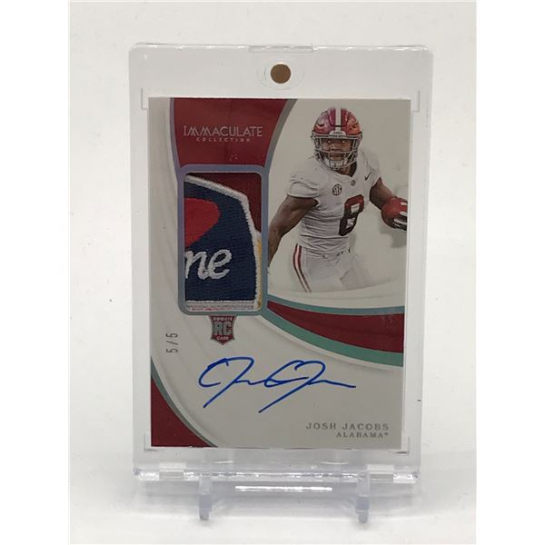 2019 PANINI IMMACULATE COLLECTION COLLEGIATE JOSH JACOBS SIGNED PATCH ROOKIE TRADING CARD 5/5