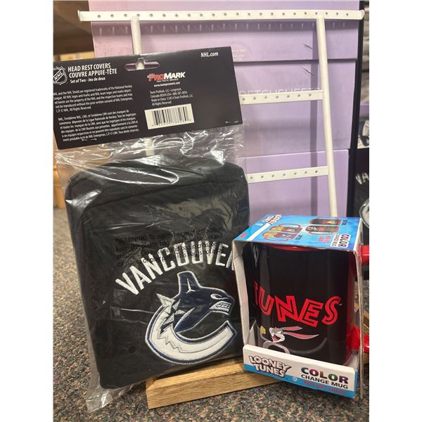 Looney Tunes Color Change Mug & NHL Vancouver Canucks Headrest Covers