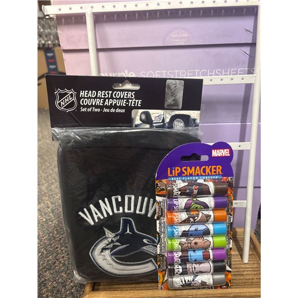 NHL Vancouver Canucks Headrest Covers & Marvel Lip Smacker Set