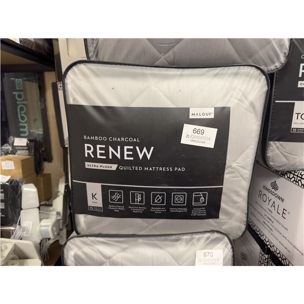 Brand New Malouf Bamboo Charcoal RENEW Ultra-Plush Quilted Mattress Pad  King