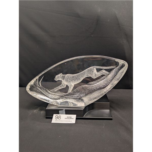 A Very Nice Mats Jonasson Swedish Lead Crystal Scuplture Cheetah Design on Stand Small Mark above Ch