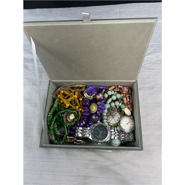 Old Mirrored Jewelry Box Filled with Vintage Jewelry