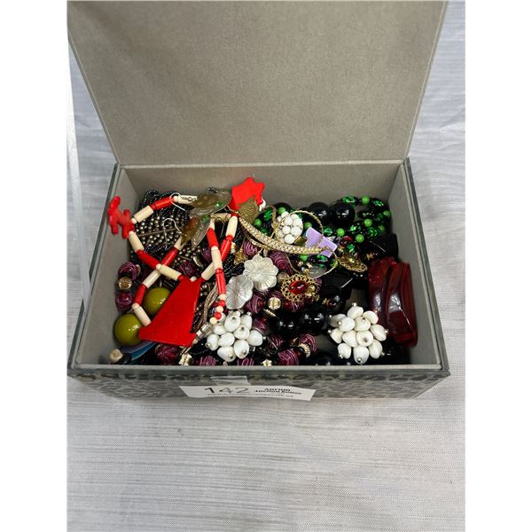Old Mirrored Jewelry Box Filled with Vintage Jewelry