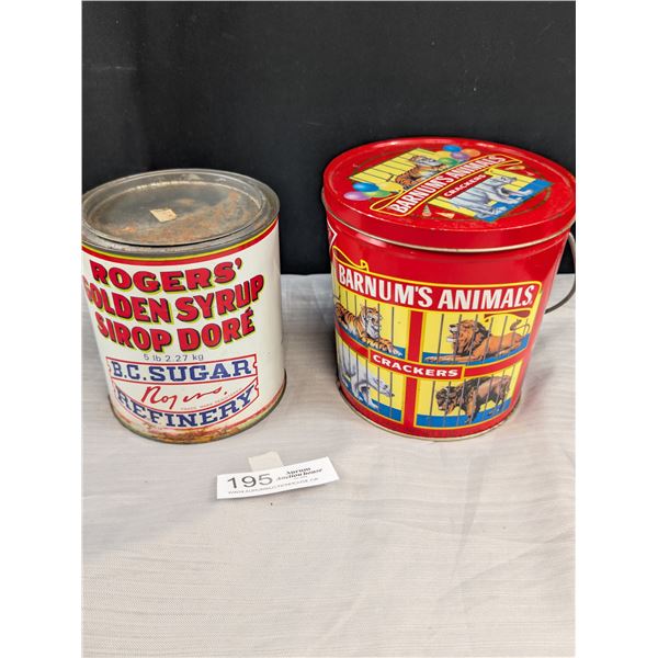 2 Vintage Advertising Tins Barnum's Animal Crackers & Roger's Syrup