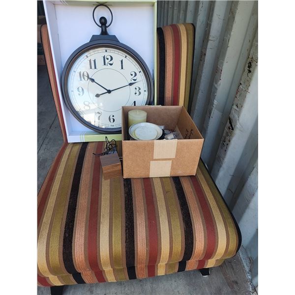 Striped Chair, Ergo Quartz Clock, Wax Melter, Mini Speaker
