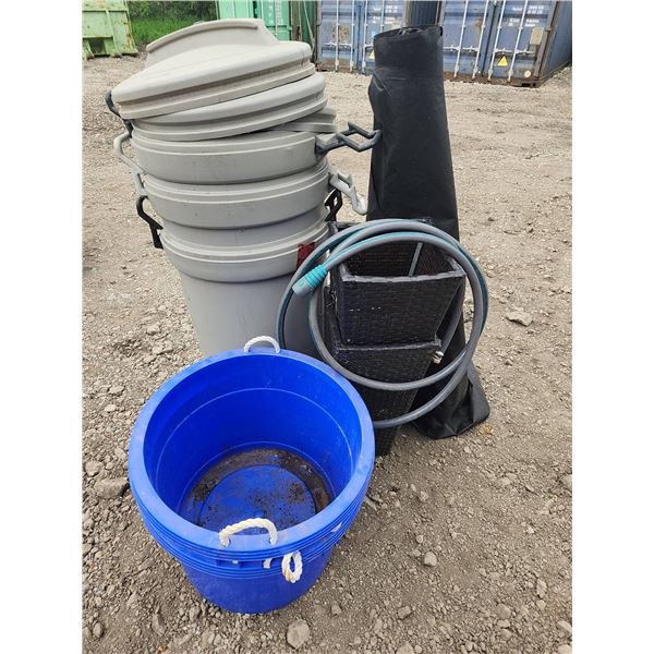 Rubbermaid Garbage Cans, Blue Tubs, Hose, Planters, Landscape Fabric