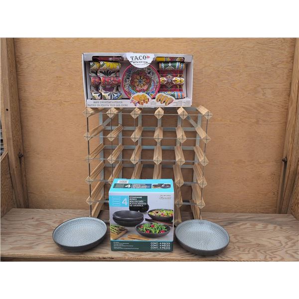 Wine Rack, Stoneware Bowls, and Taco Kit