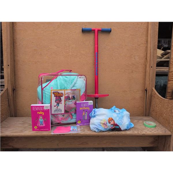 Kids Pogo Stick, Trolls Comforter , Twin Sheet Set , Swim Cap and Youth Novels
