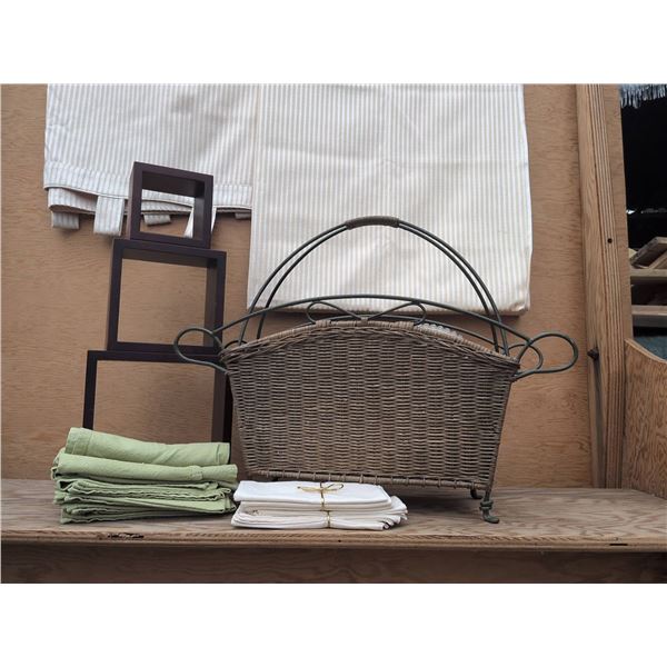 Decorative Basket Lot With Jubilee Plates and Linens