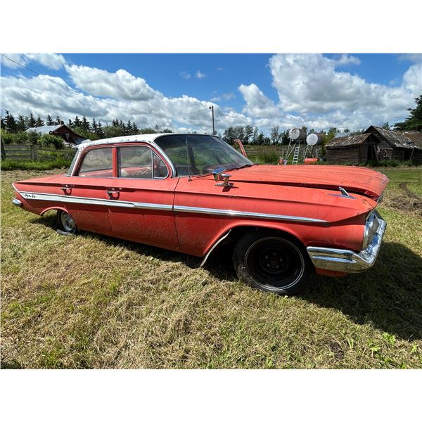1961 Chev Impala, 4 dr, 6 cyl, auto, red & white