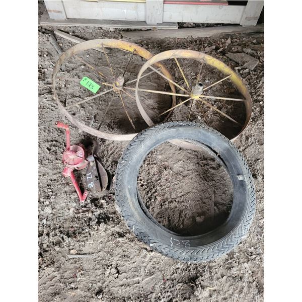 2- 32 in. steel wheels & 1- 4.40-4.50 4 ply tire, pulleys & gas pump