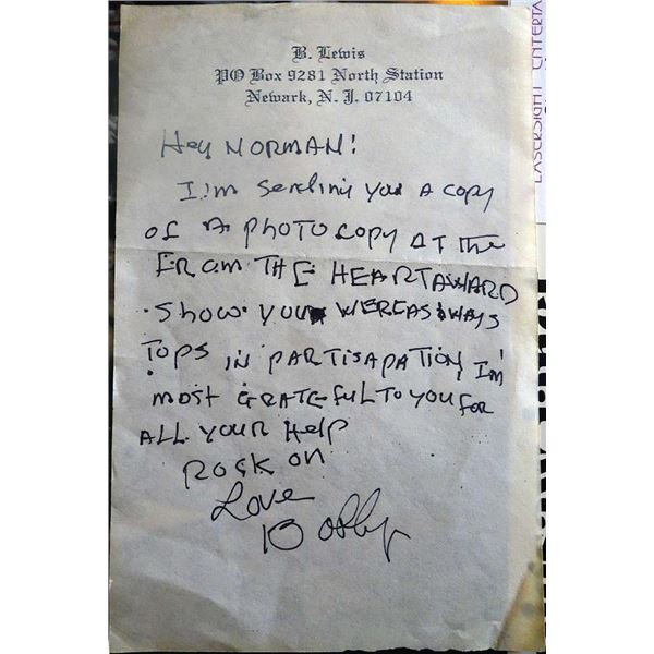 Bobby Lewis handwritten, signed letter