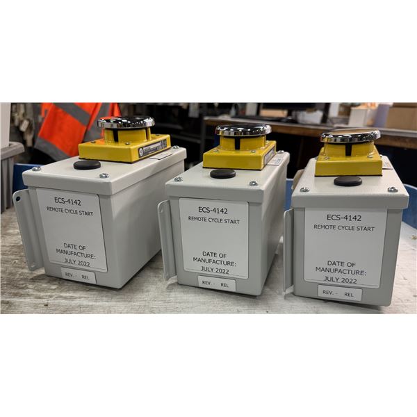 (3) Allen Bradley #800P-F2CAV Palm Operated Cycle Starts w/E-Stop ECS-4142