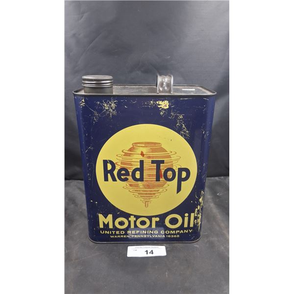 Vintage Red Top Motor Oil 2 gallon can, RARE!