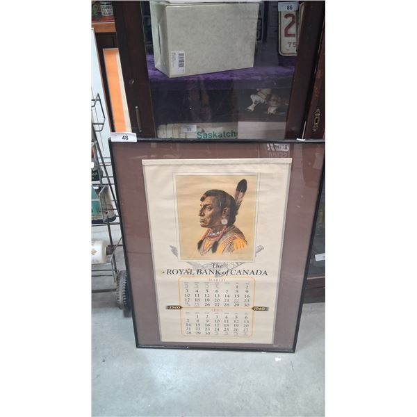 Vintage 1940 Royal Bank of Canada calendar in frame 30"x22"