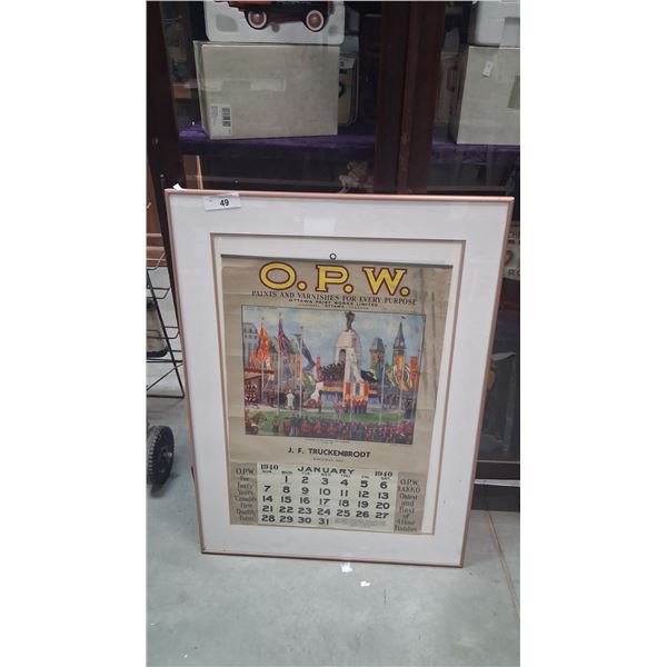 Vintage 1940 OPW calendar framed 32"x24"