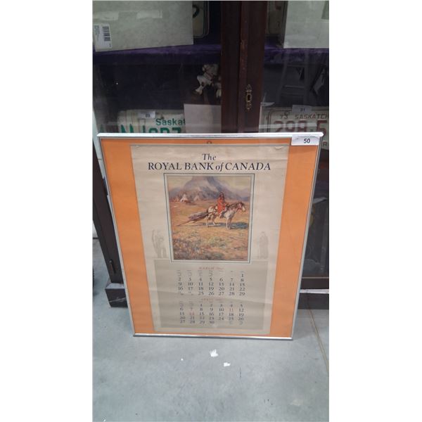 Vintage 1941 Royal Bank of Canada calendar in frame 28"x22"