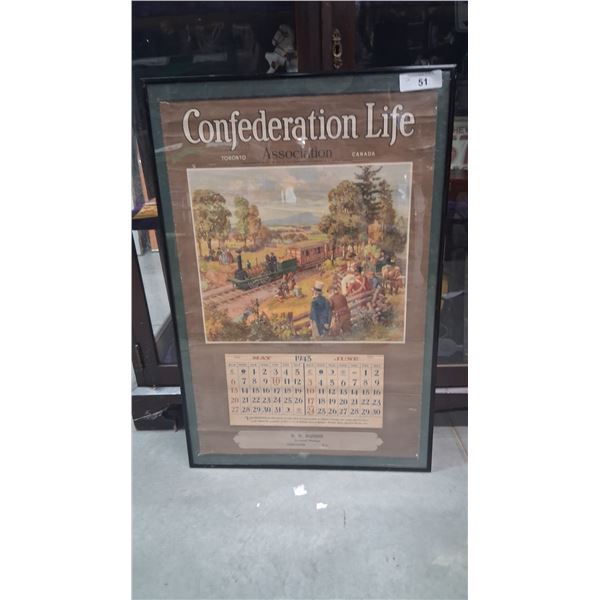 Vintage 1945 Confederation Life calendar from Toronto framed 30"x20.5"
