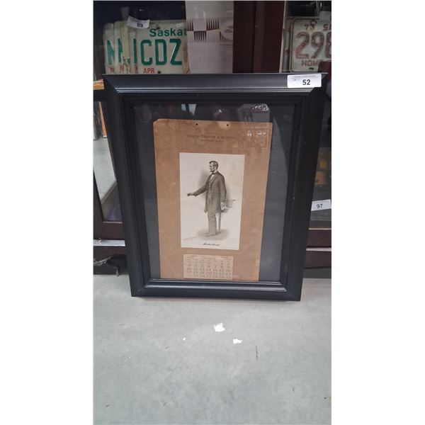 Antique 1909 Abraham Lincoln calendar framed 22"x18"