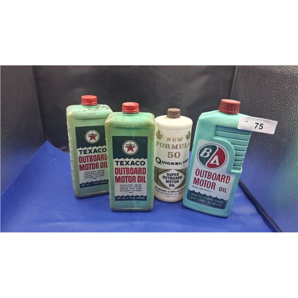 4 vintage oil containers, Texaco, B/A, Quicksilver