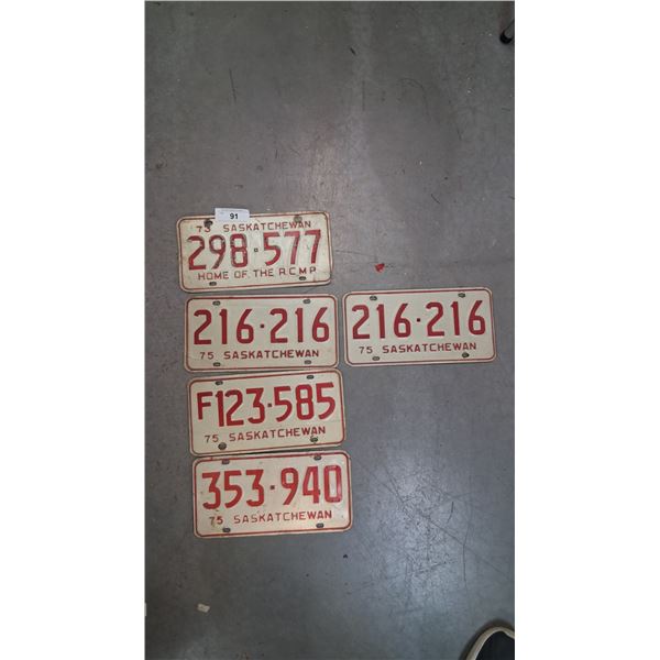 5 vintage Sask license plates, 75 & 73