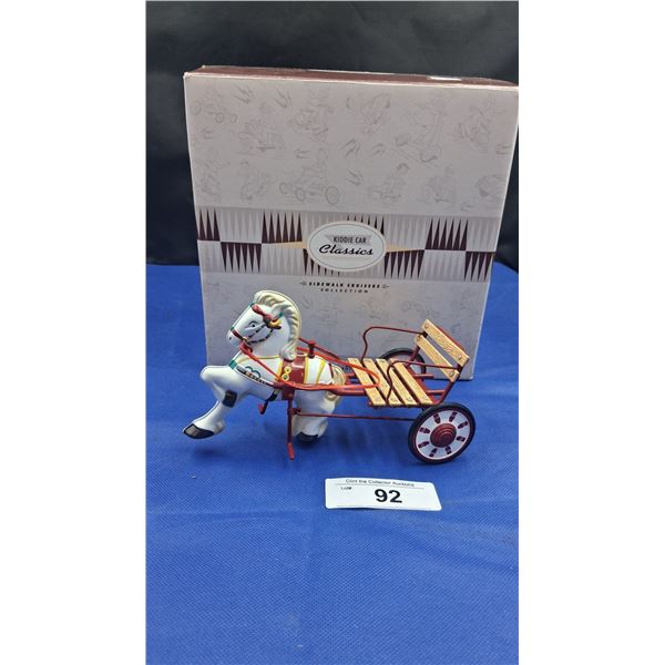 Vintage die cast mini Kiddie Car Mobo horse with sulky cart, with box, model is 7"