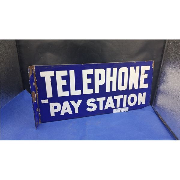 Vintage porcelain Telephone Pay Station flange sign 18"x8"