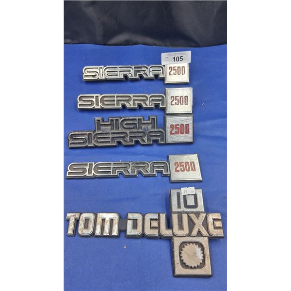 5 vintage truck badges, Sierra & Tom Deluxe