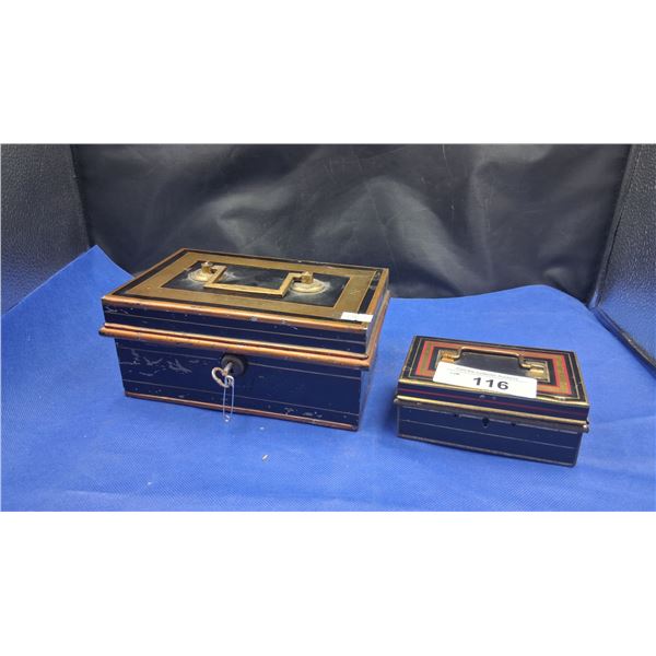 2 antique safety deposit boxes, largest is 8" long