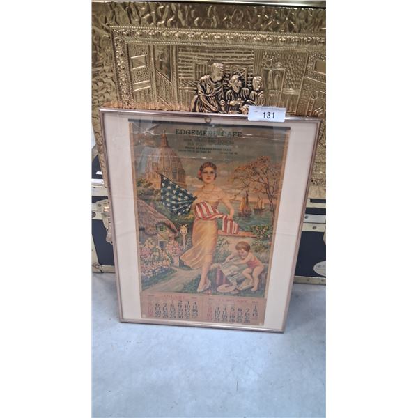 Vintage 1941 Edgemere Café calendar in frame 20.5"x16"
