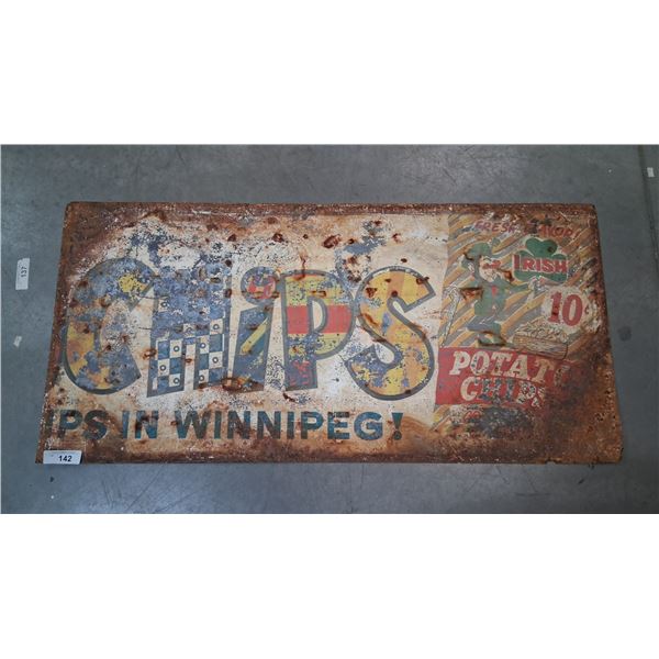 Very vintage and patina'd metal Irish Chips sign 43"x21"