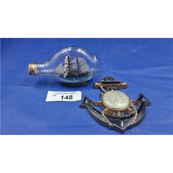 Vintage nautical thermometer made in Japan and ship in a bottle