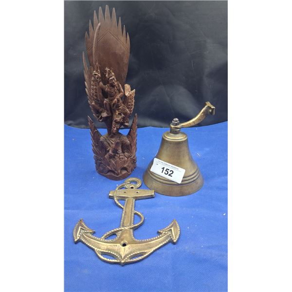 Vintage brass ship's bell and anchor plaque