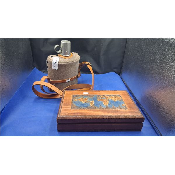 Vintage whiskey decanter and world wooden box