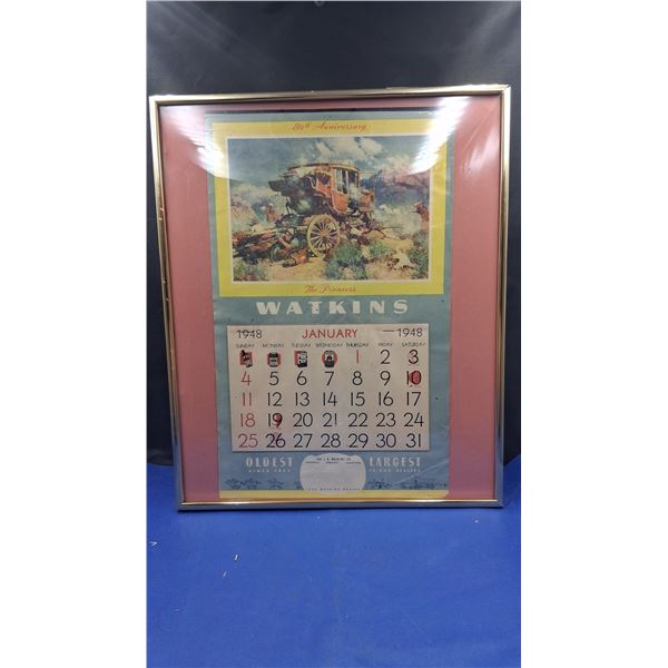 Vintage 1948 Watkins calendar in frame, 17"x14.5"