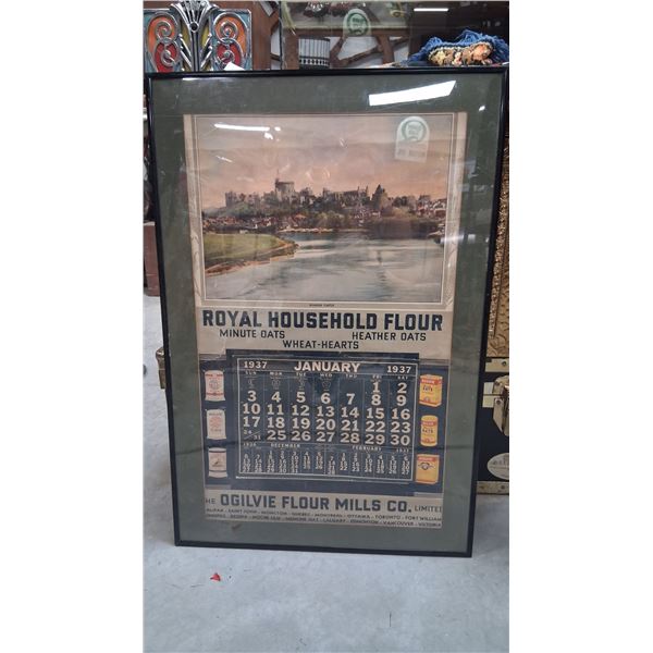 Vintage 1937 Royal Household Flour framed calendar, 30"x20"
