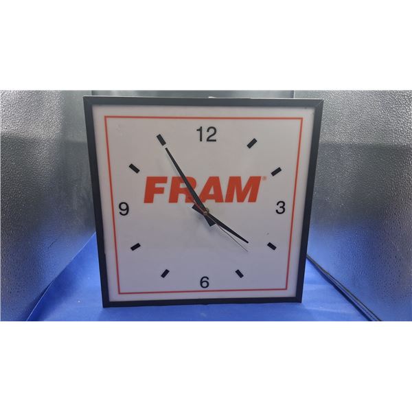 Vintage Fram light up shop clock, works, 16"x15"